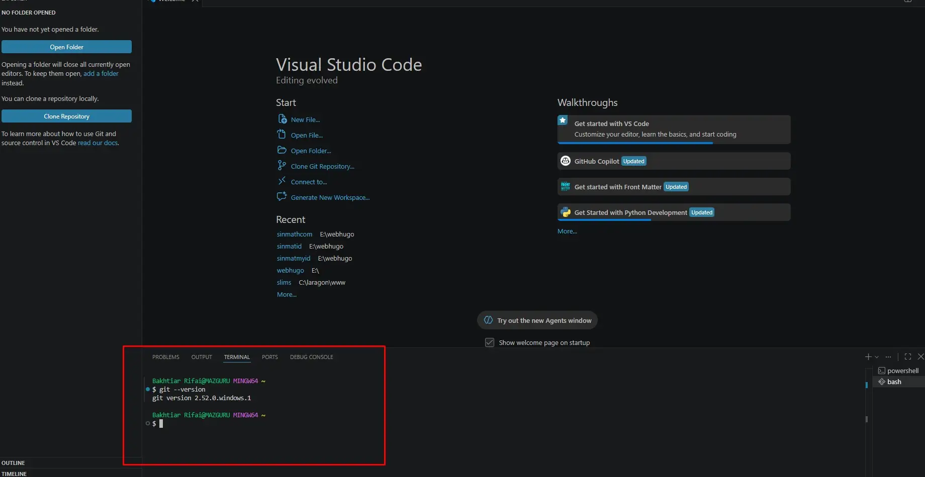 Cek Versi Git di Terminal VS Code